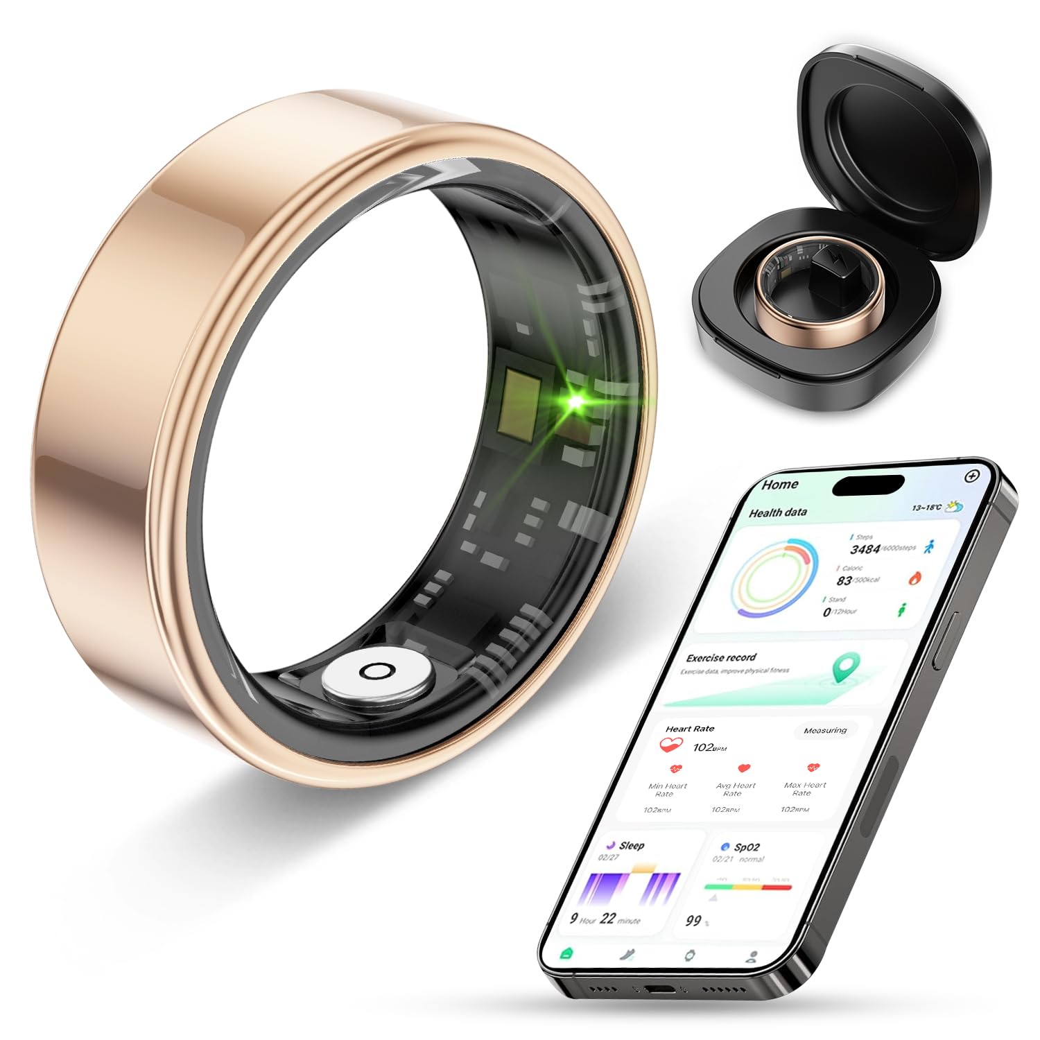 Smart Ring Health Tracker for Men and Women with Charging Case - IP68 Waterproof Fitness Ring with Sleep Tracker, Heart